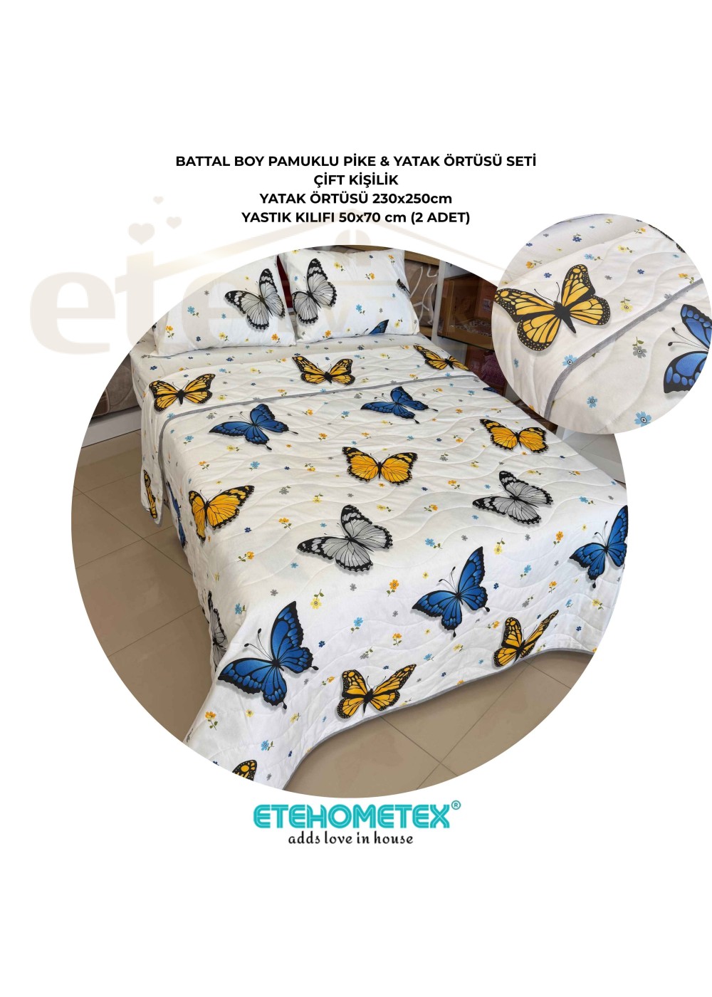 ETEHOMETEX Battal Boy Pamuklu Kapitoneli Yatak Örtüsü Seti KELEBEK MAVİ 8696474232099